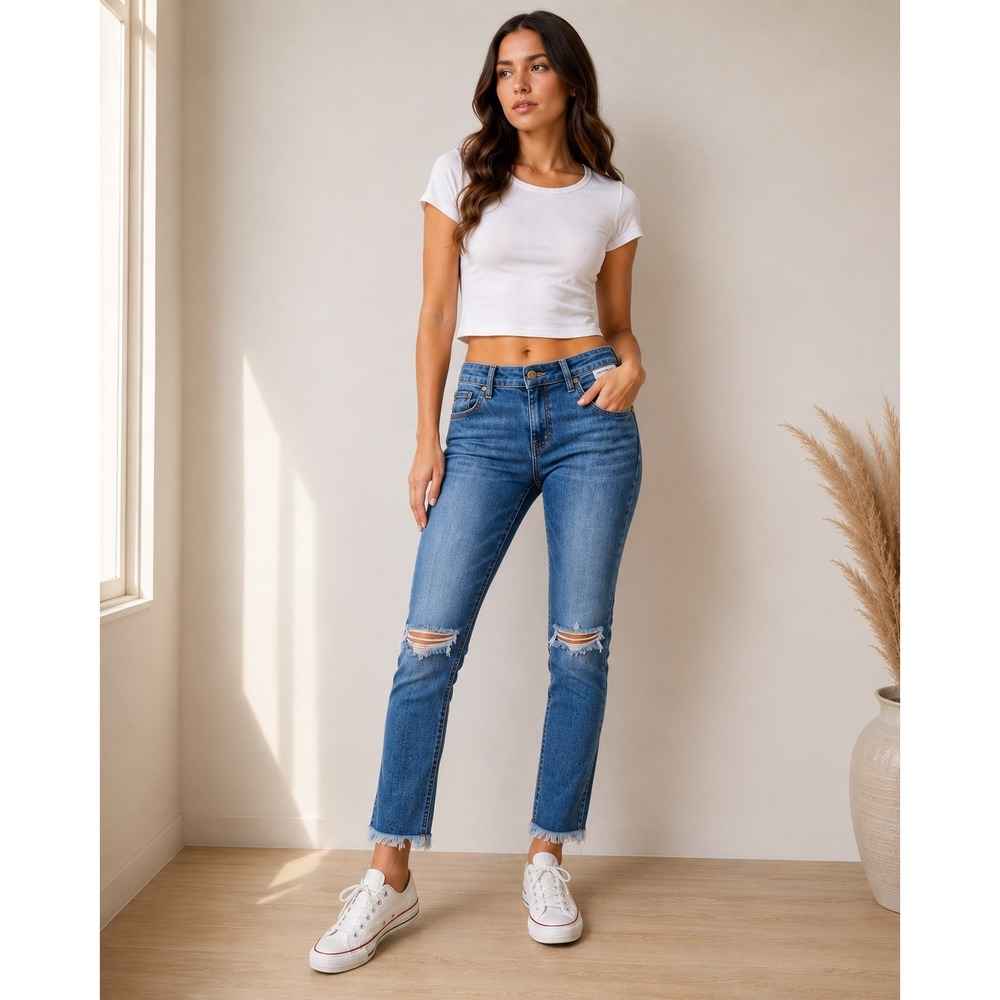 JUSTBLACK Jeans Women 29 Blue Distressed Ripped Slim Straight Stretch Denim